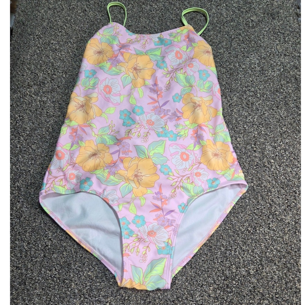 Justice One Piece Swimsuit Kids Size XL 16/18 Pink Floral Cutout Back 766309